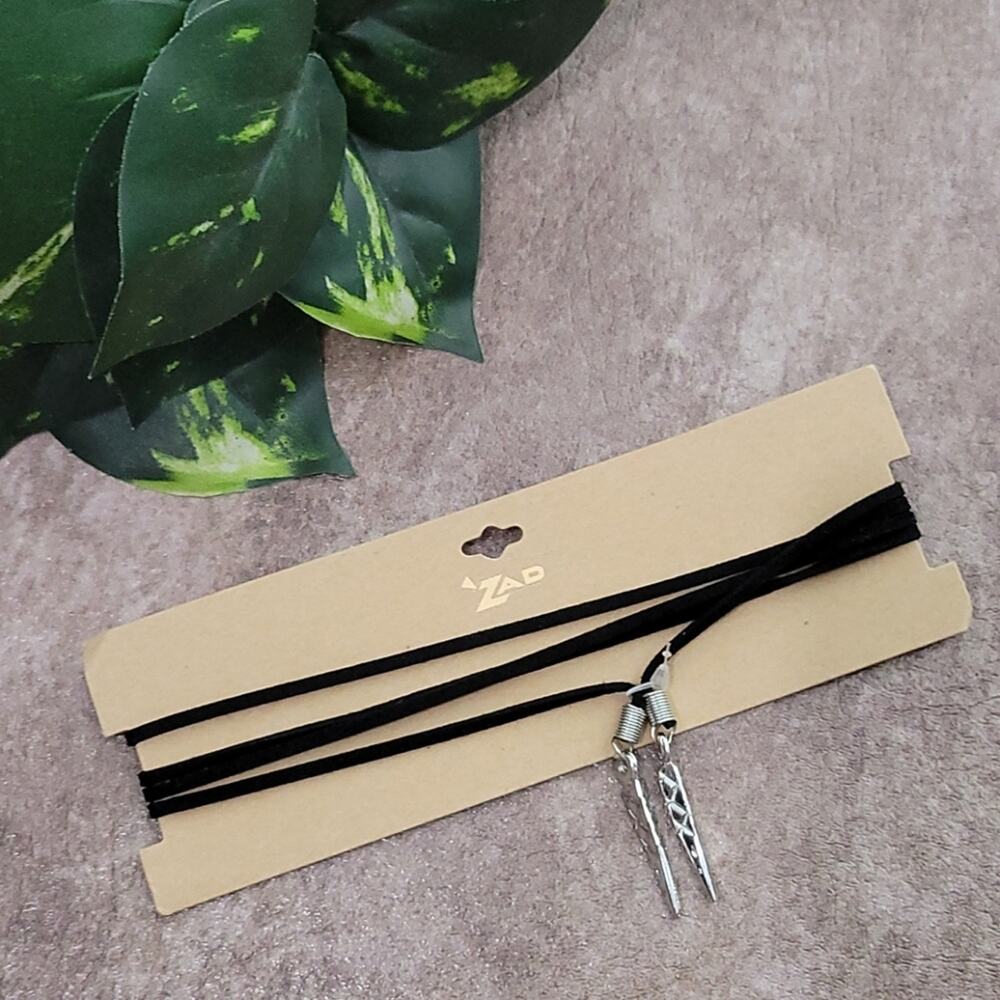 ZAD black suede, silver spike lariat necklace NEW